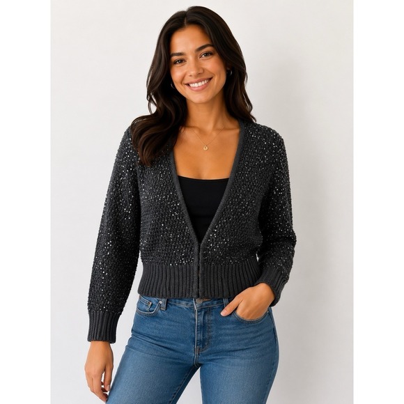 Express Sweaters - Express Women's Black Cardigan with Metallic Sequin Shimmer Size Medium